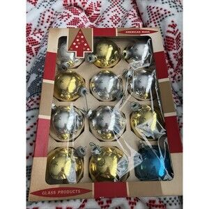 Coby 12 Vintage 2 5/8"  Glass Ornaments Original Box Blue Gold Silver